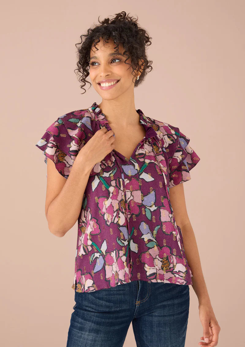 VERONICA TOP-CRANBERRY STAINED GLASS FLORAL