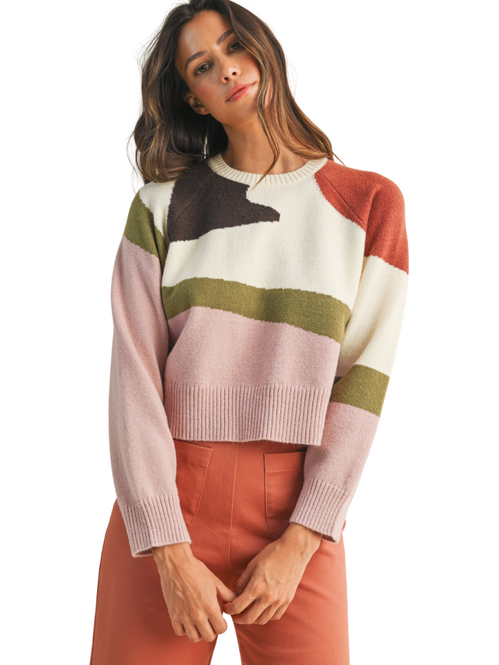 COLOR BLOCK SWEATER TOP-IVORY/MULTI