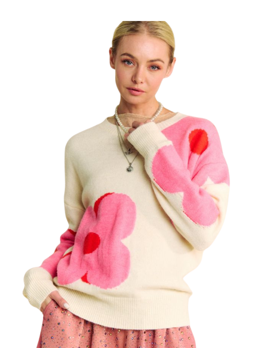 cream long sleeve sweater with pink floral pattern