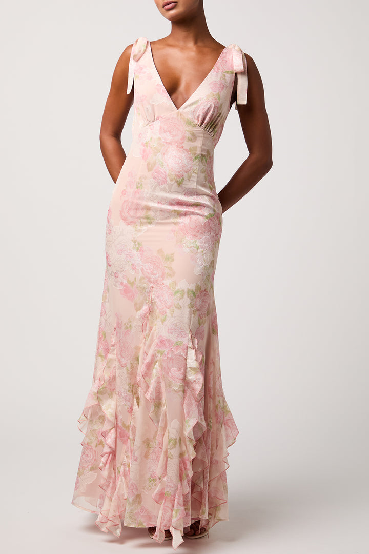 TINSLEY TIE STRAP RUFFLE MAXI DRESS-LIGHT PINK FLORAL