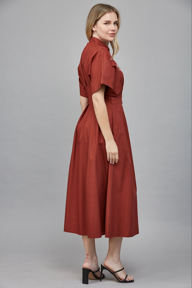 RHINESTONE EMBELLISHED SHIRT MIDI DRESS-TERRACOTTA