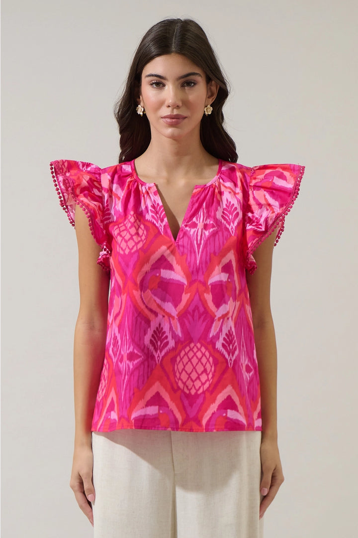PRISSA IKAT CARYA POPLIN TOP-MAGENTA/CORAL