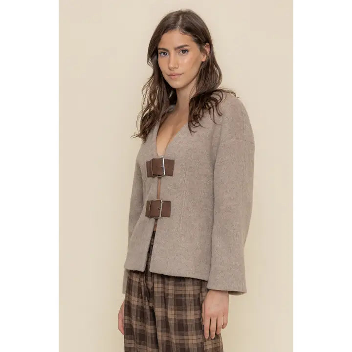 MOHAIR BELTED JACKET-BROWN