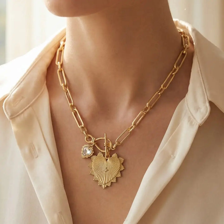 DOUBLE HEART PENDANT OVAL CHAIN-VINTAGE GOLD