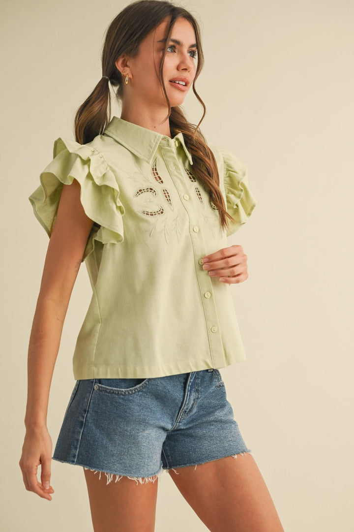 EMBROIDERED CUT OUT TOP-SAGE LIME