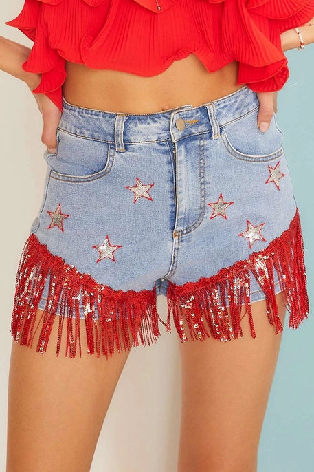 STAR FRINGE DENIM SHORT-DENIM RED