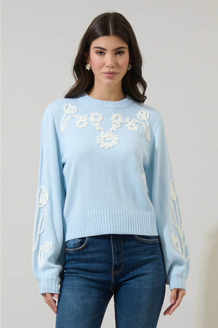 CELESTIAL FLORAL EMBROIDERED SWEATER-BLUE/IVORY
