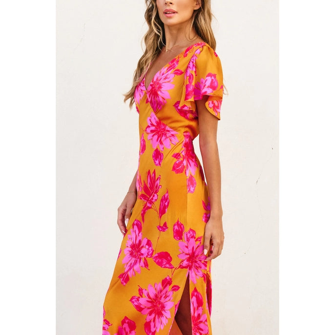 FLORAL FLUTTER SLEEVE MAXI DRESS -HIBISCUS MANGO