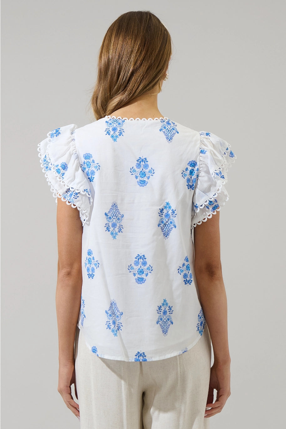 YILA FLORAL EMA RUFFLE TOP-WHITE/BLUE