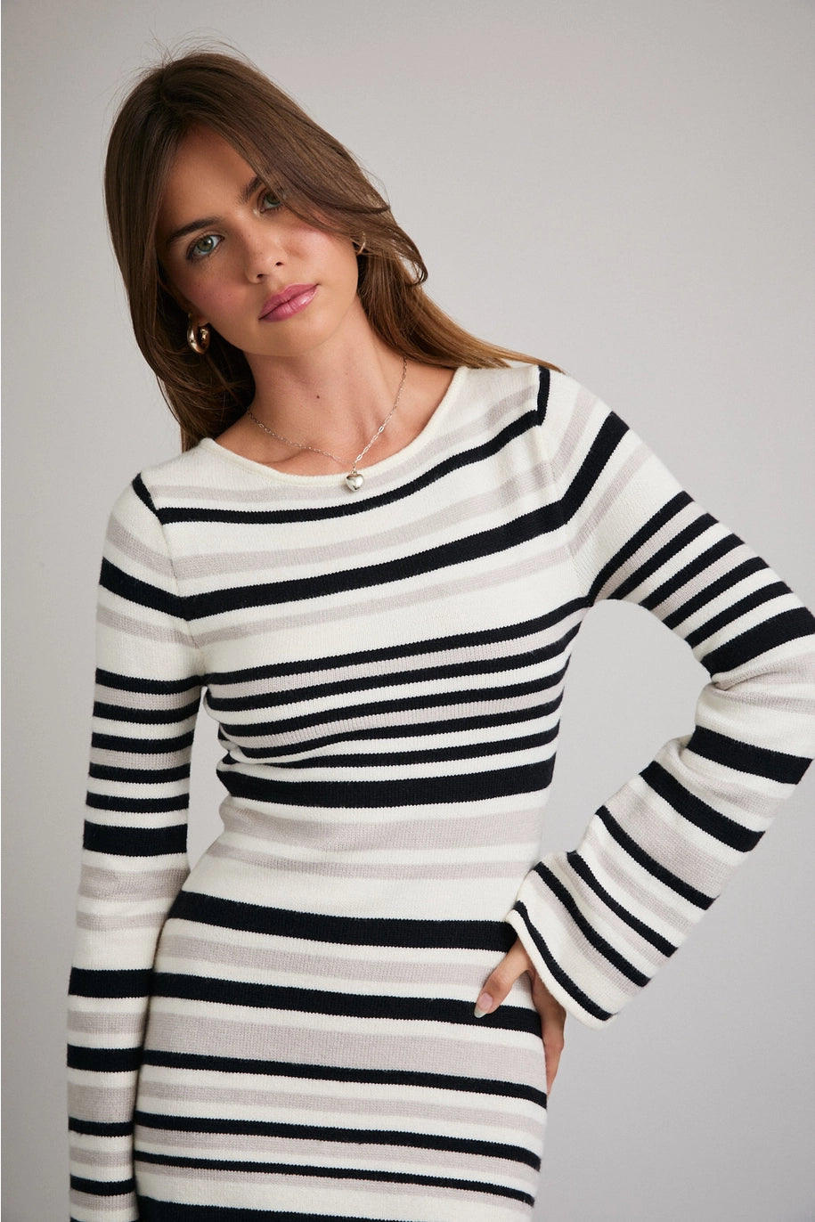 BELL SLEEVE STRIPED MINI SWEATER DRESS-BLACK/WHITE