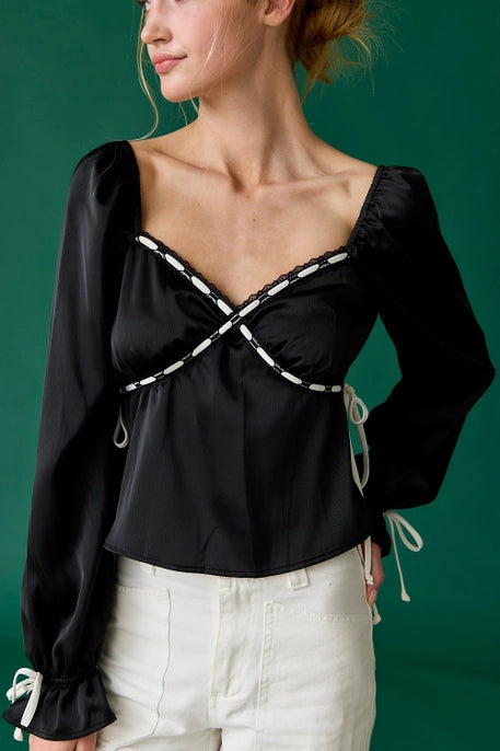 KIMBERLY SATIN BLOUSE-BLACK/IVORY