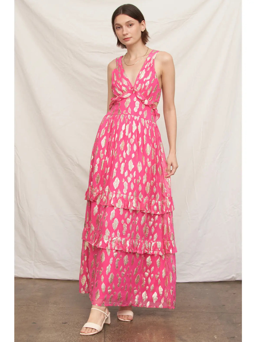 METALLIC POLKA DOT MAXI DRESS-FUCHSIA