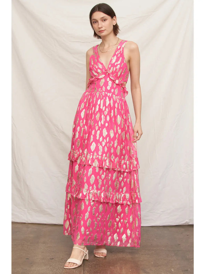 METALLIC POLKA DOT MAXI DRESS-FUCHSIA