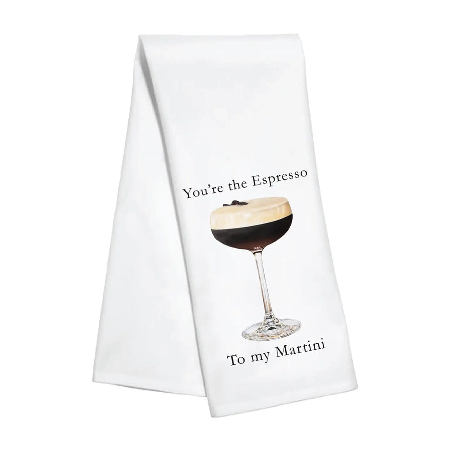 White towel with espresso and martini graphic and text 