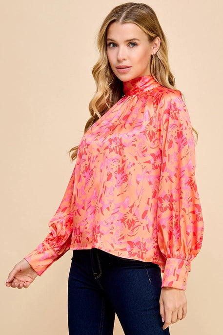 PRINTED LONG SLEEVE BLOUSE-CORAL