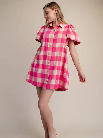 CHECKERED BUTTON DOWN MINI DRESS-PINK