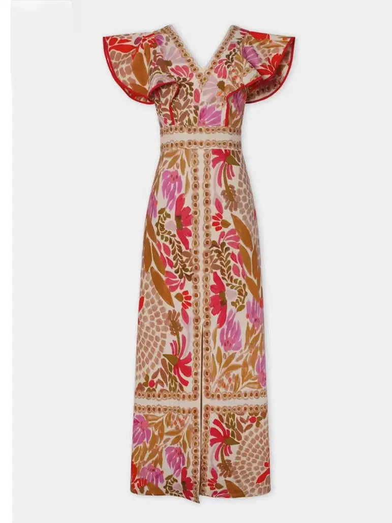 RUFFLED SLEEVE MAXI DRESS-RED/MULTI