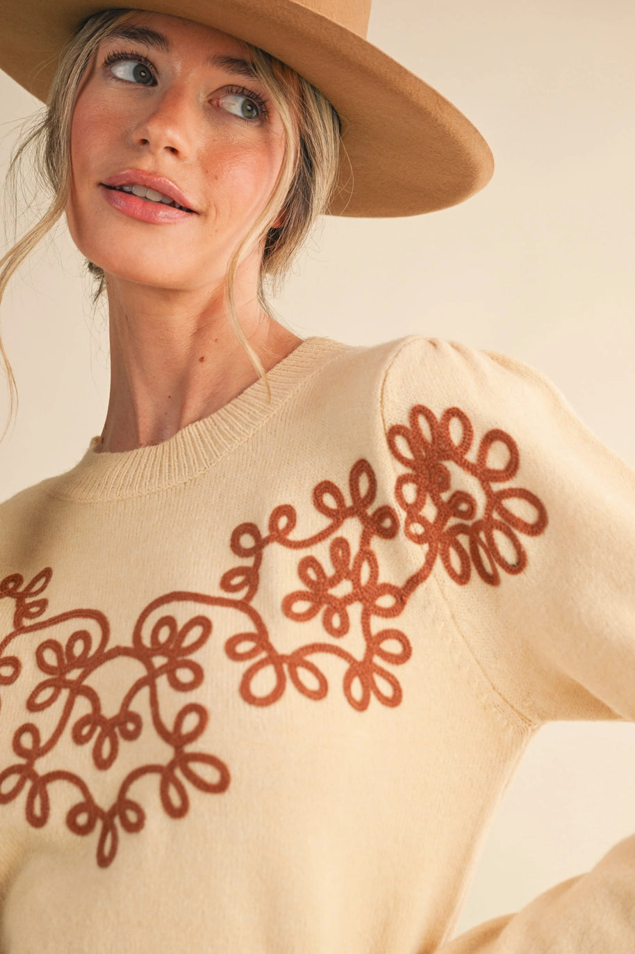 FLORAL KNIT DESIGN SWEATER-IVORY/COPPER