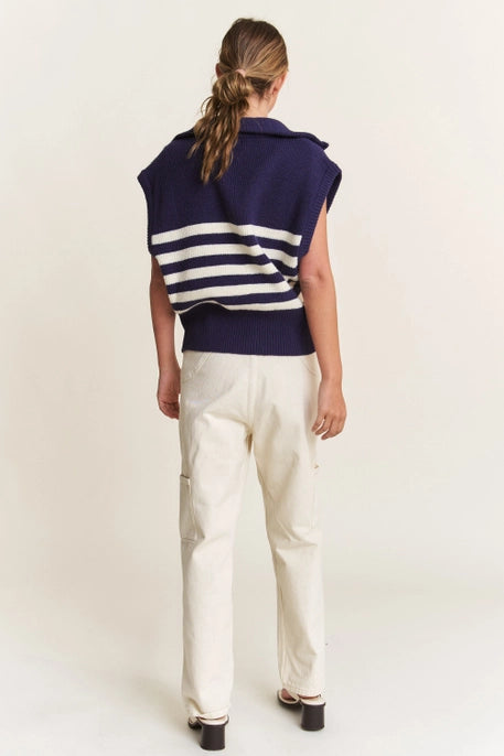 STRIPED QUARTER ZIPPED SWEATER-NAVY