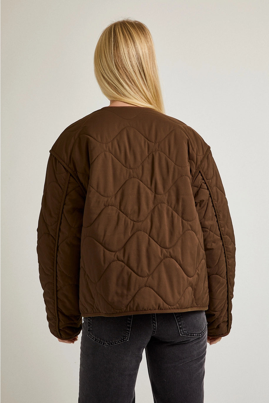 PADDED LONG SLEEVE QUILTED JACKET-DARKK BROWN