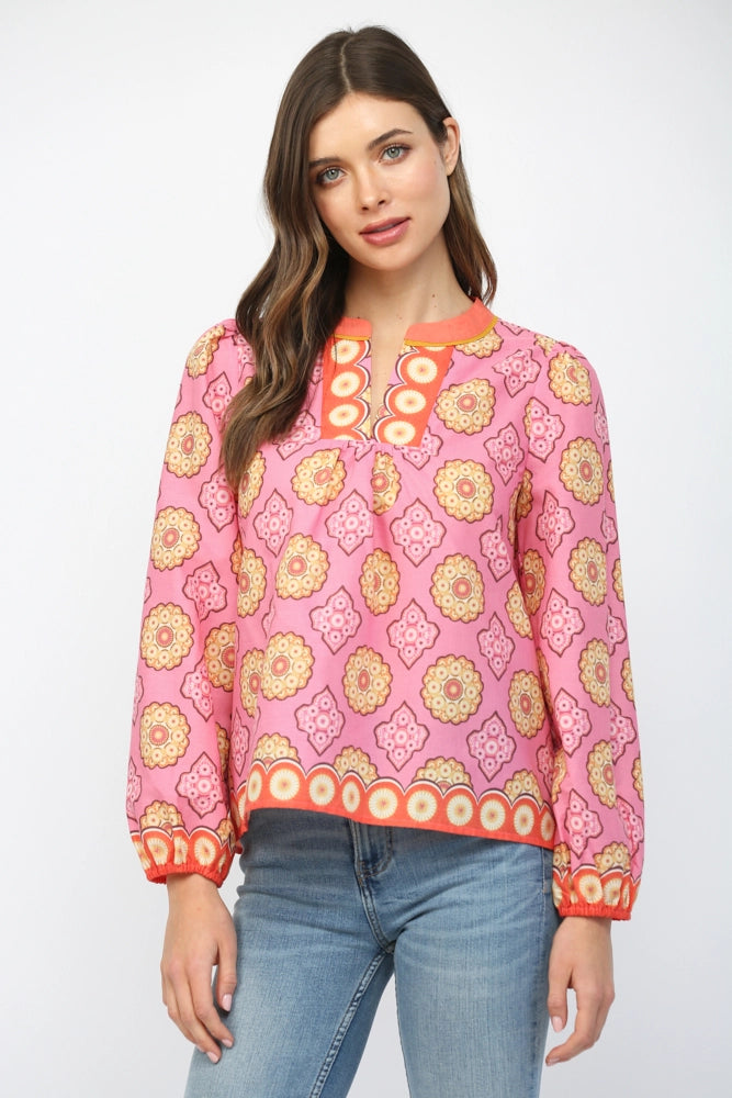 TILE PRINT LONG SLEEVE BLOUSE-PINK/MULTI