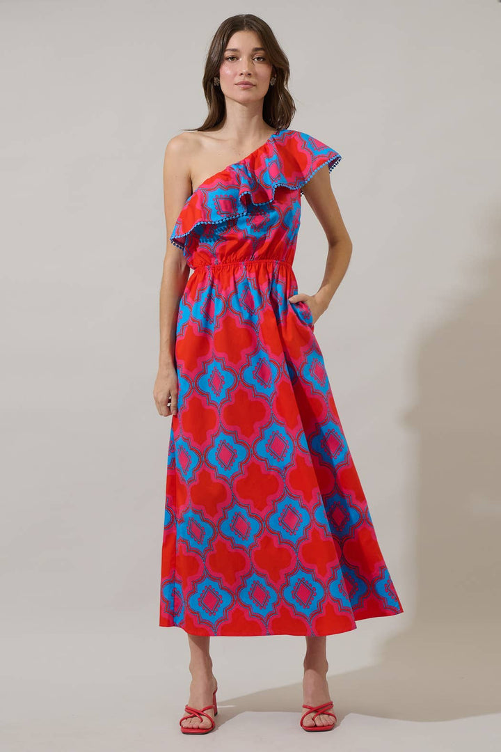 MIX MEDIA SURAYA ONE SHOULDER MAXI DRESS-RED/BLUE/FLORA