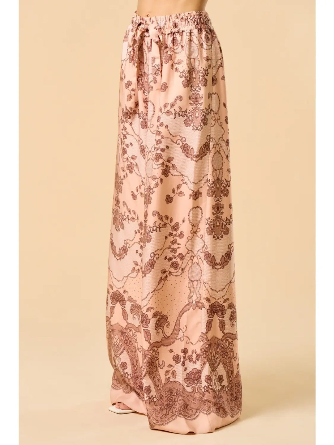 PRINTED WIDE LEG PANT-PEACH/BROWN