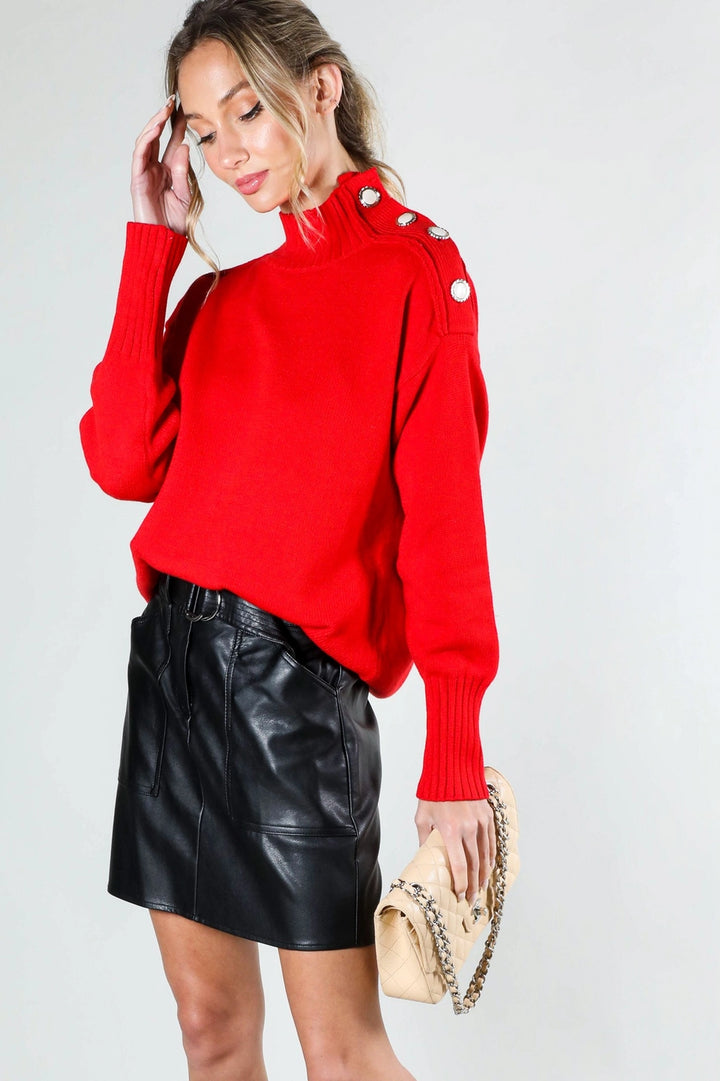 SHOULDER BUTTON DETAIL SWEATER-RED