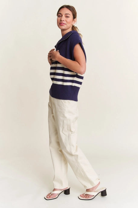 STRIPED QUARTER ZIPPED SWEATER-NAVY