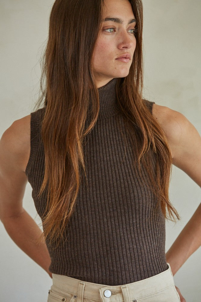 brown sleeveless ribbed high mock neck fitted sweater top