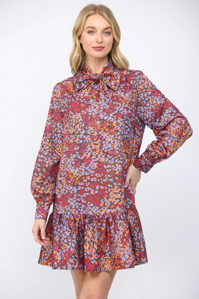 ABSTRACT ANIMAL PRINT RUFFLED HEM DRESS-BROWN/MULTI