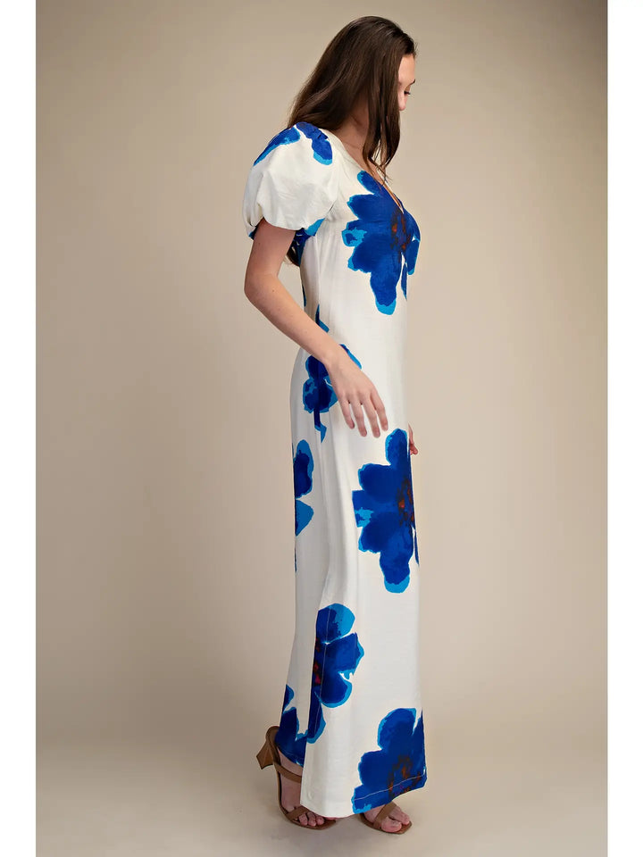PUFF SLEEVE FLORAL MAXI DRESS-ROYAL