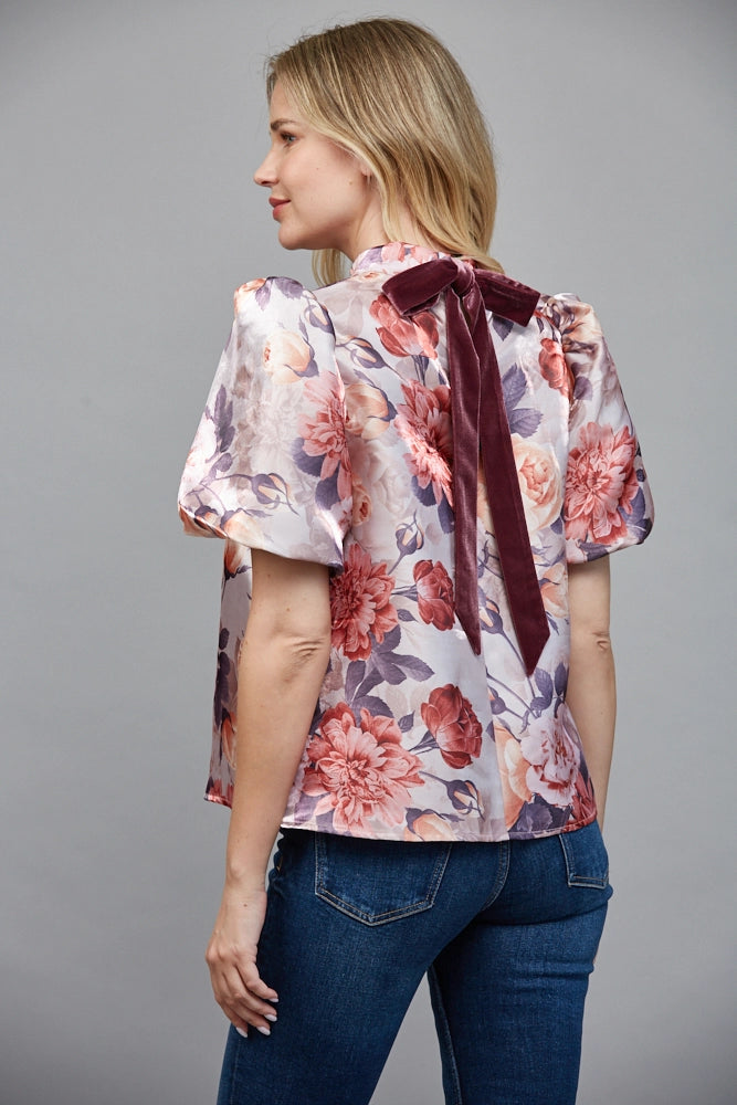 FLORAL MOCK NECK BLOUSE-MAUVE/MULTI