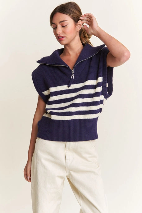 STRIPED QUARTER ZIPPED SWEATER-NAVY