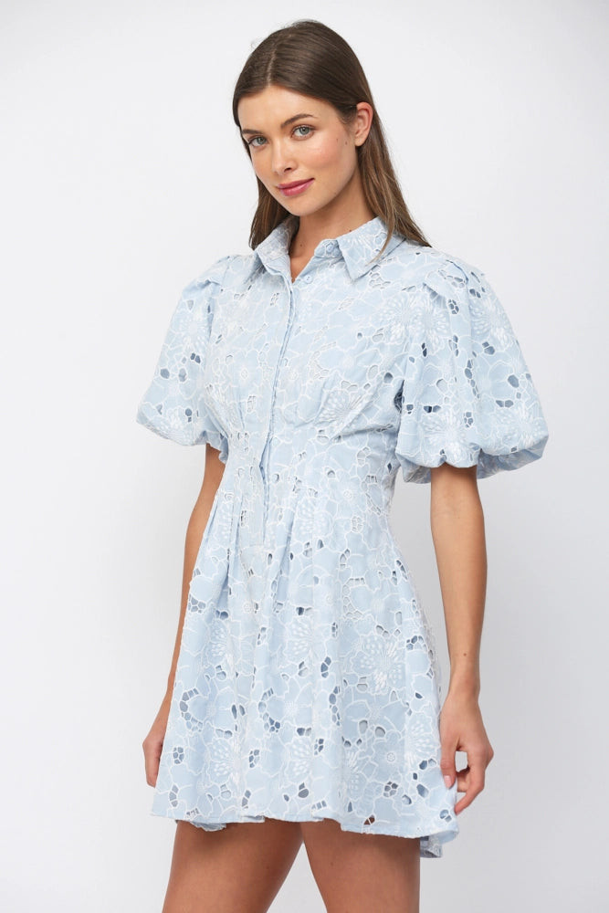 CUT OUT FLORAL LACE BUTTON DOWN MINI DRESS-BABY BLUE