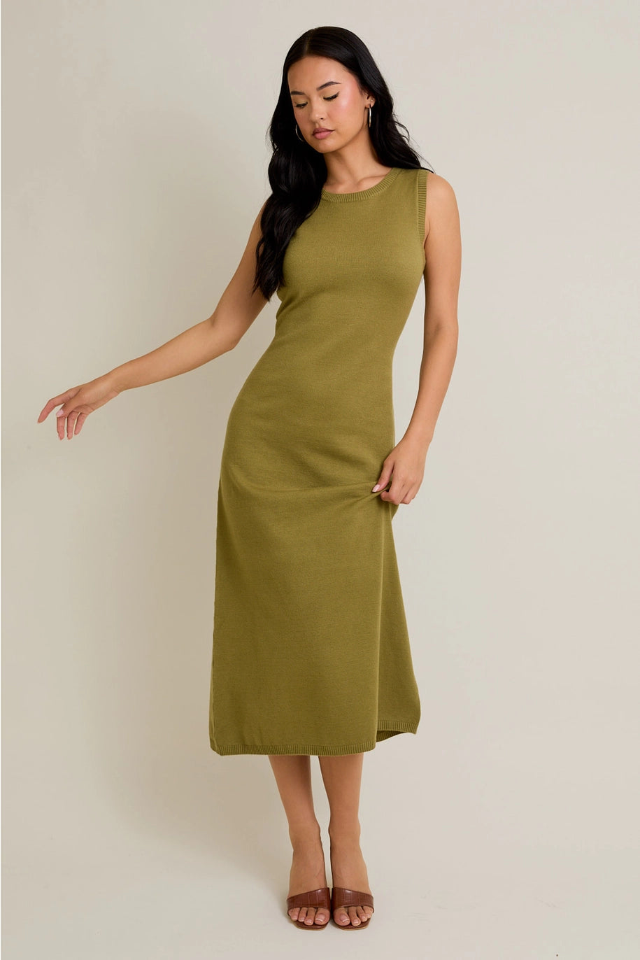 BACK TIE DETAIL SWEATER MIDI DRESS-OLIVE