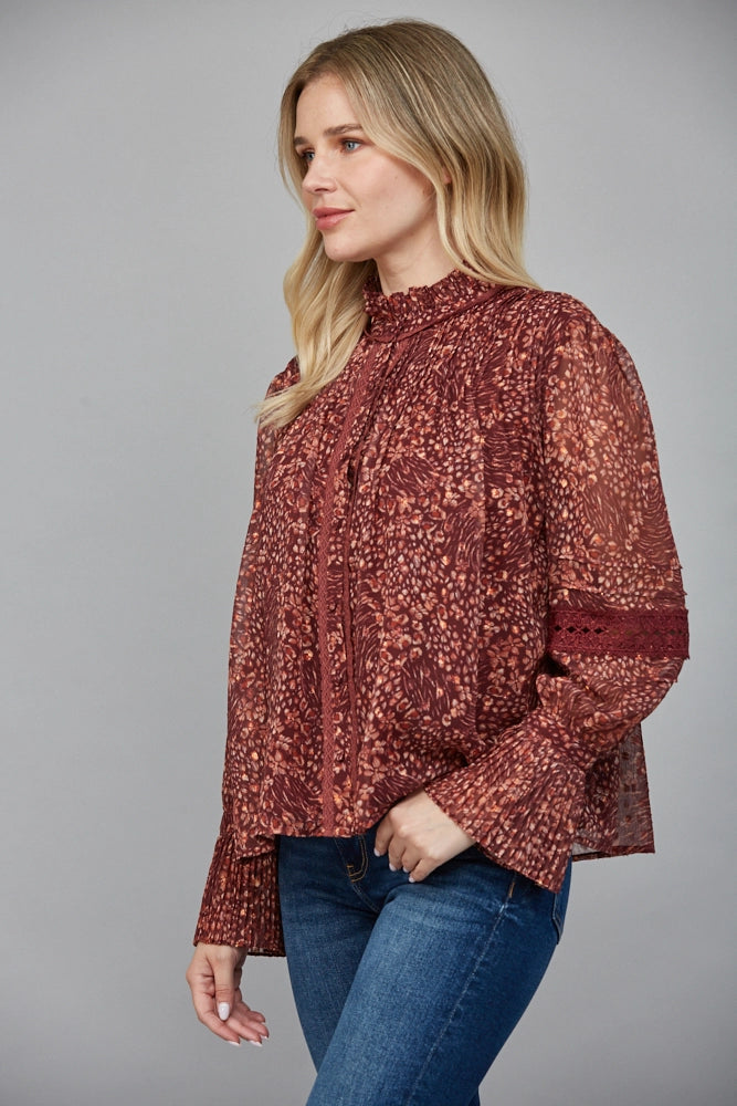 FLORAL PRINT LUREX BLOUSE-BURGUNDY/MULTI