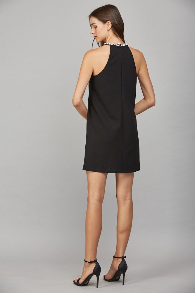 RHINESTONE KEYHOLE A LINE DRESS-BLACK