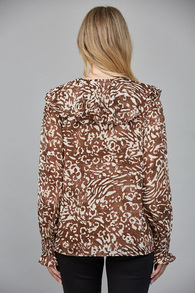 ANIMAL PRINT LUREX BLOUSE-BROWN