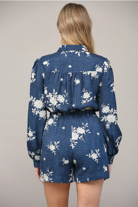 EMBROIDERED BUTTON FRONT ROMPER- NAVY