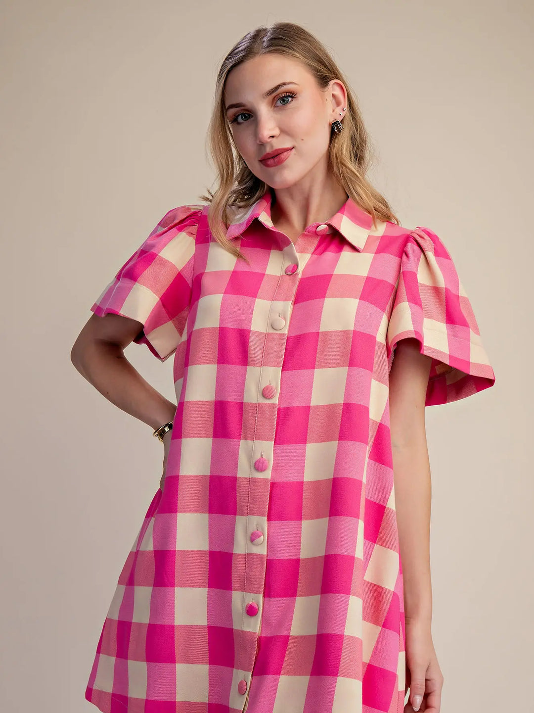 CHECKERED BUTTON DOWN MINI DRESS-PINK