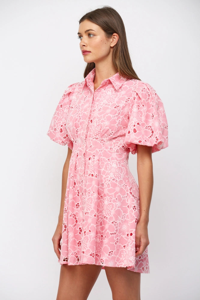 CUT OUT FLORAL LACE BUTTON DOWN MINI DRESS-PINK