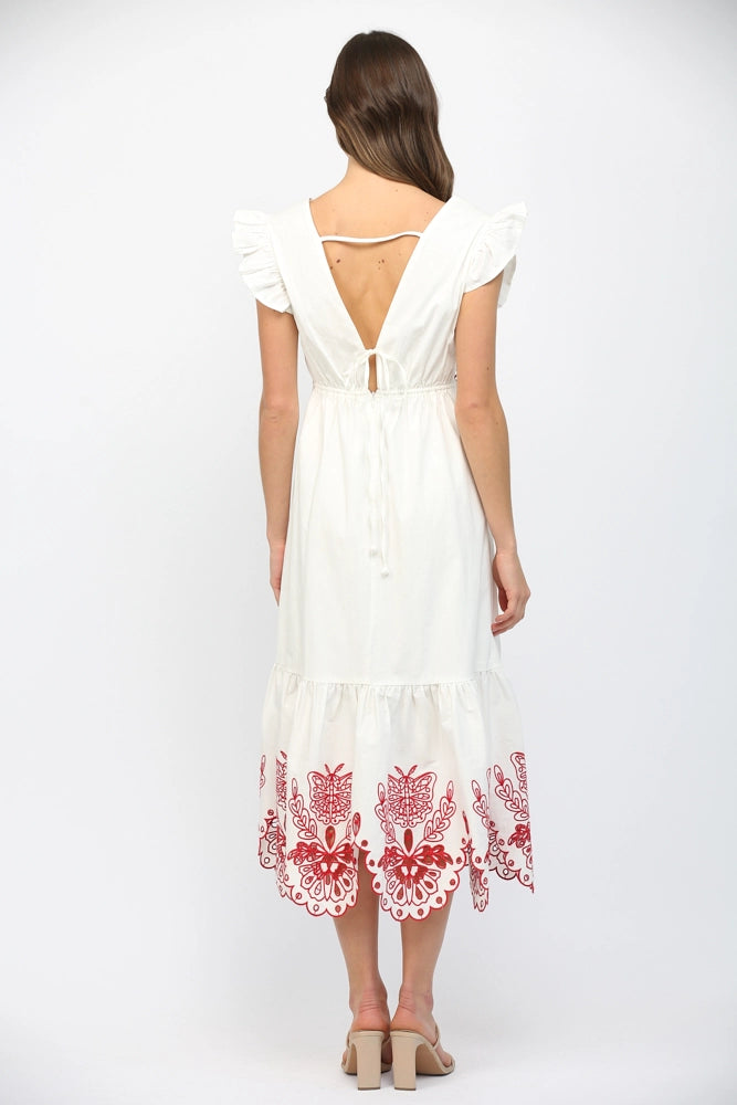 CUT OUT EMBROIDERED DETAIL MAXI DRESS- OFF WHITE