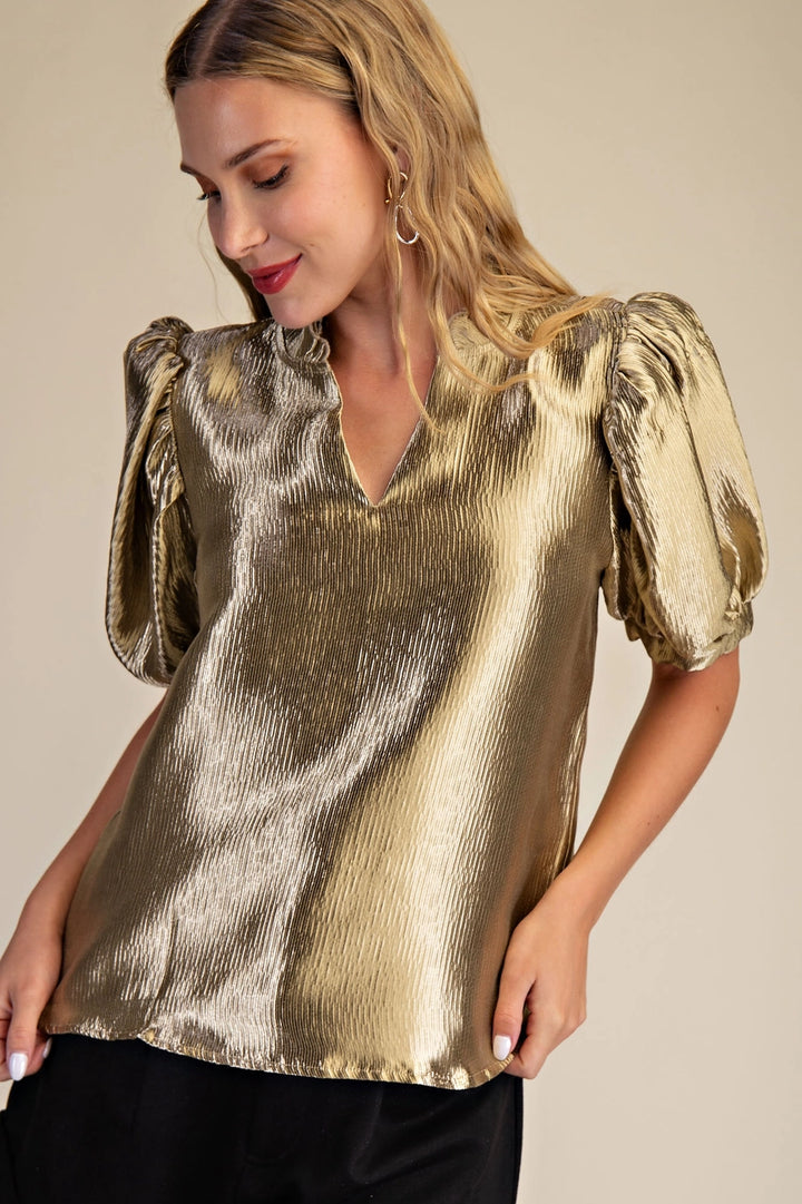  gold metallic rippled  blouse  with v neck and short puff sleeves