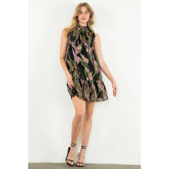 METALLIC FLORAL DRESS-BLACK