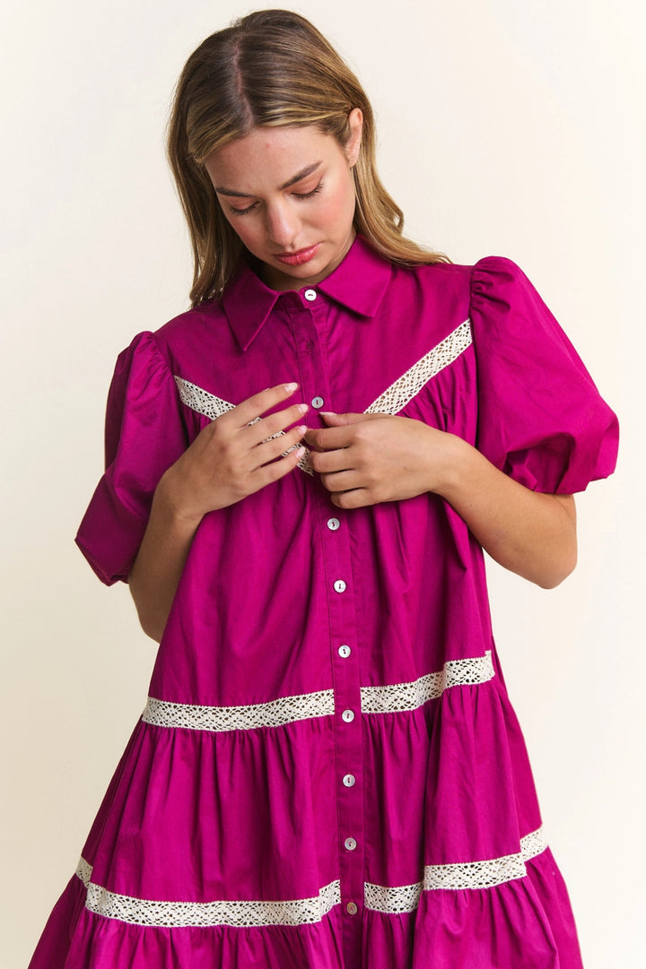 BOHO BABY DOLL MINI DRESS-MAGENTA