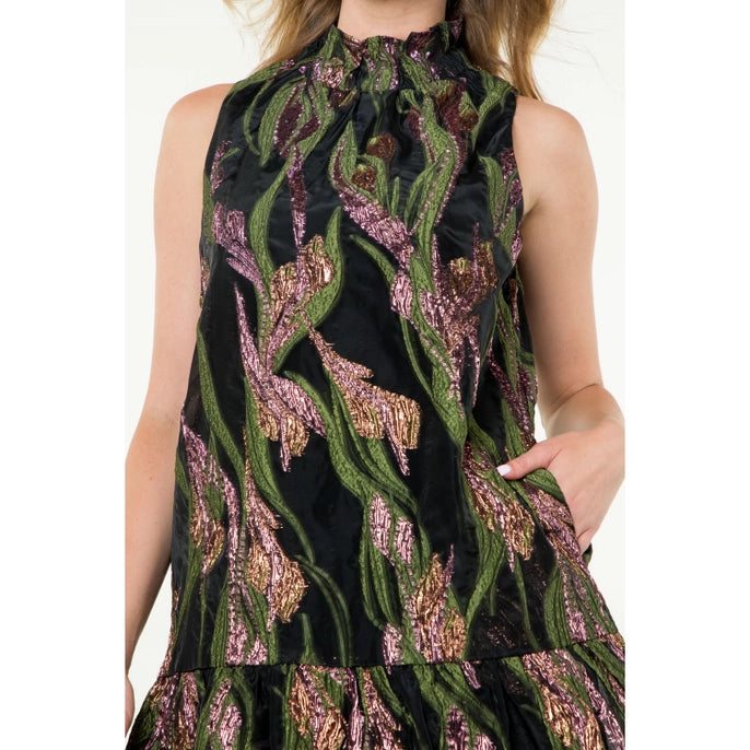 METALLIC FLORAL DRESS-BLACK