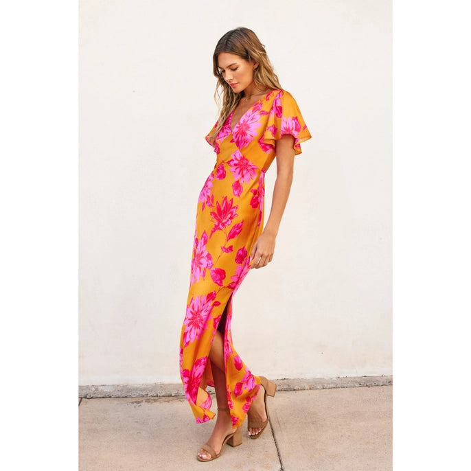 FLORAL FLUTTER SLEEVE MAXI DRESS -HIBISCUS MANGO