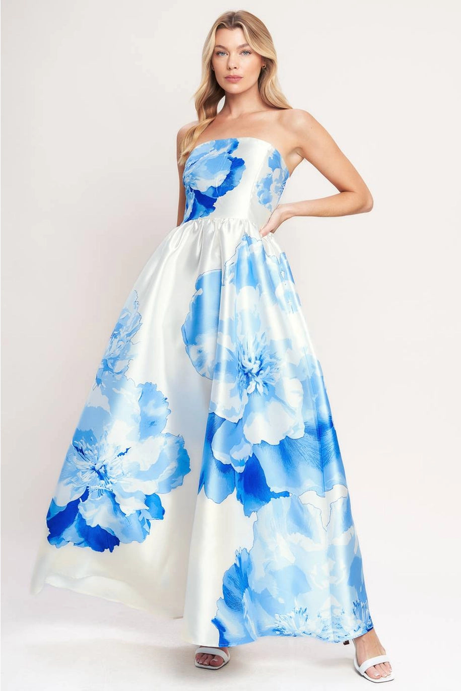 STRAPLESS FLORAL MAXI DRESS-IVORY/BLUE