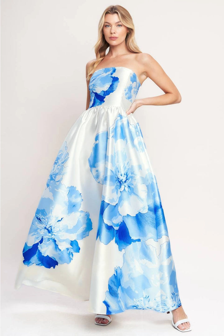 STRAPLESS FLORAL MAXI DRESS-IVORY/BLUE